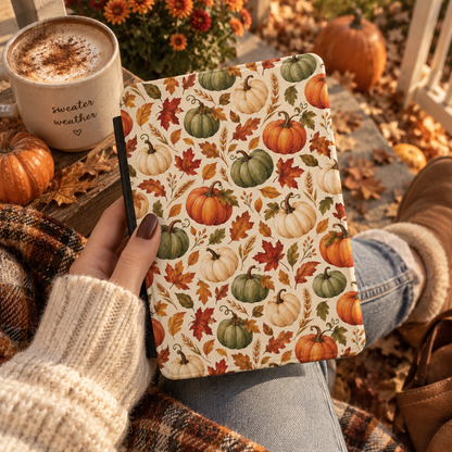 Pumpkin Patch Kindle case styled with a blanket and a mug for autumn reading