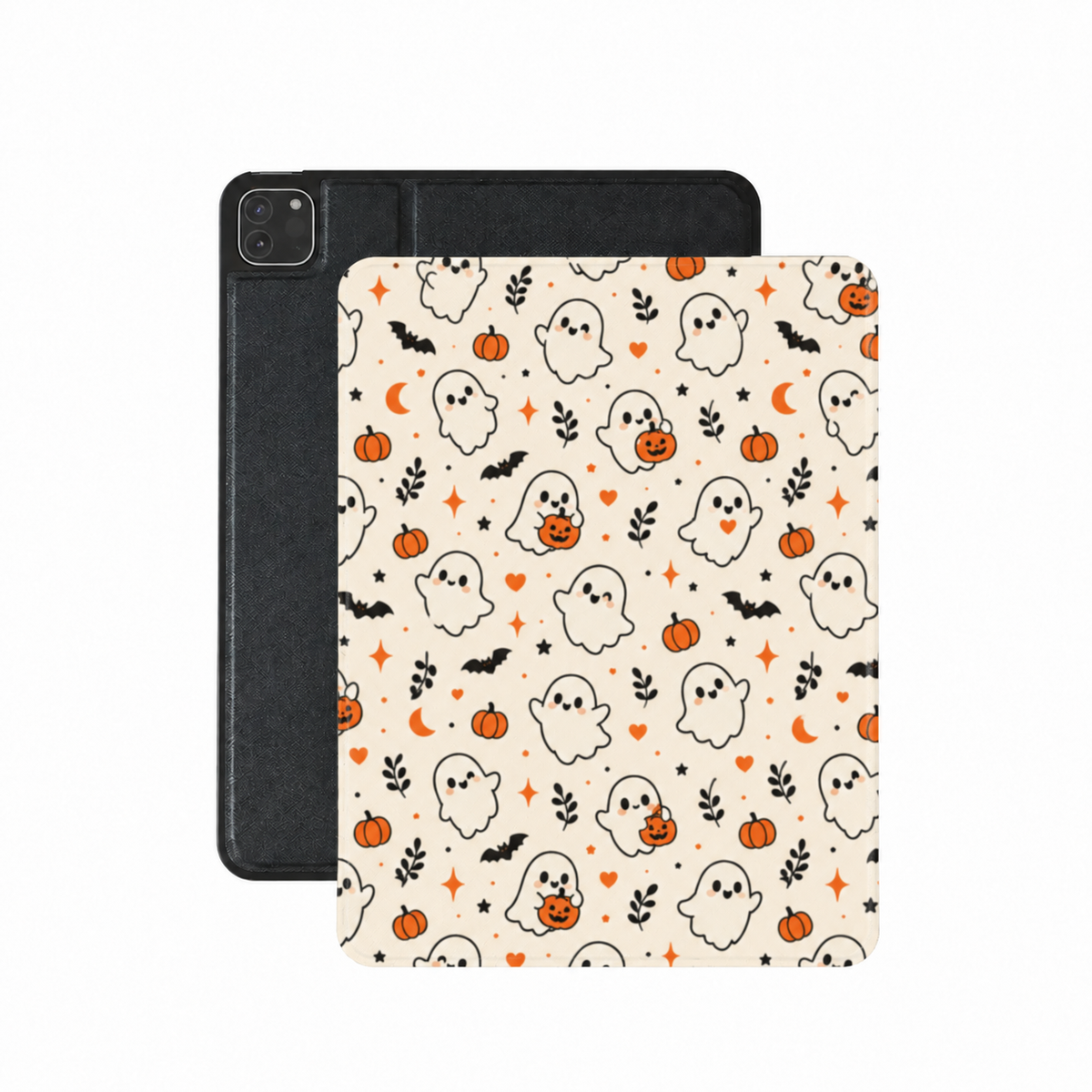 Cute ghost iPad case — cream vegan leather folio with rosy-cheeked ghosts, pumpkins and bats