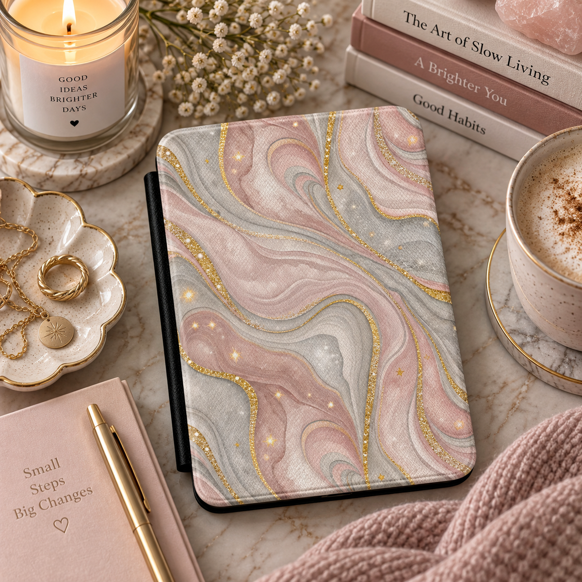 Rose quartz marble Kindle case in vegan leather — view 4
