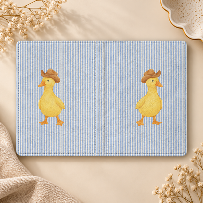 Cowboy Duck Kindle case opened flat, front and back — duckling in a cowboy hat on pale blue stripes