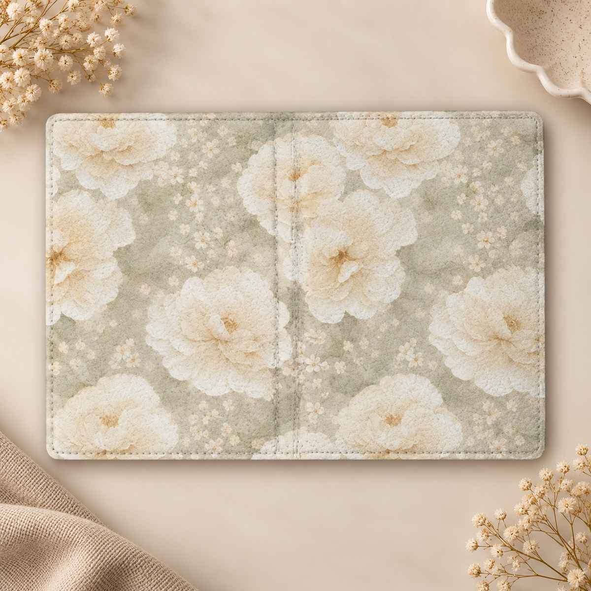 Cream Peony Kindle case opened flat, front and back — ivory peonies on pale sage