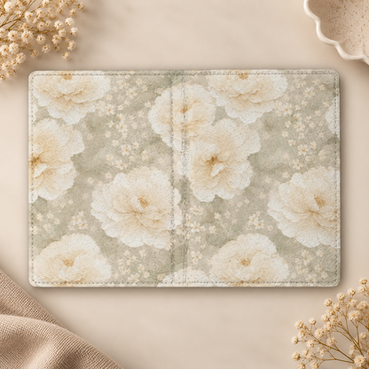 Cream Peony Kindle case opened flat, front and back — ivory peonies on pale sage