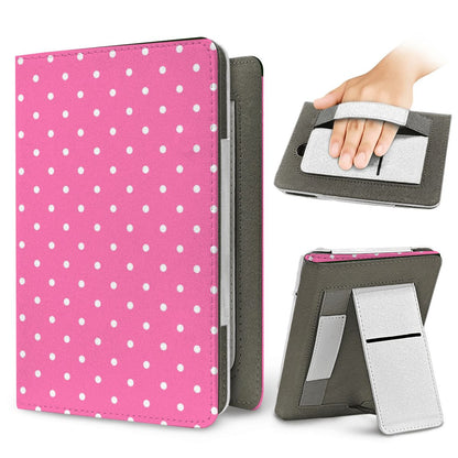 Candy Pink Polka Dot Kindle case — elastic hand strap and fold-out stand on the back