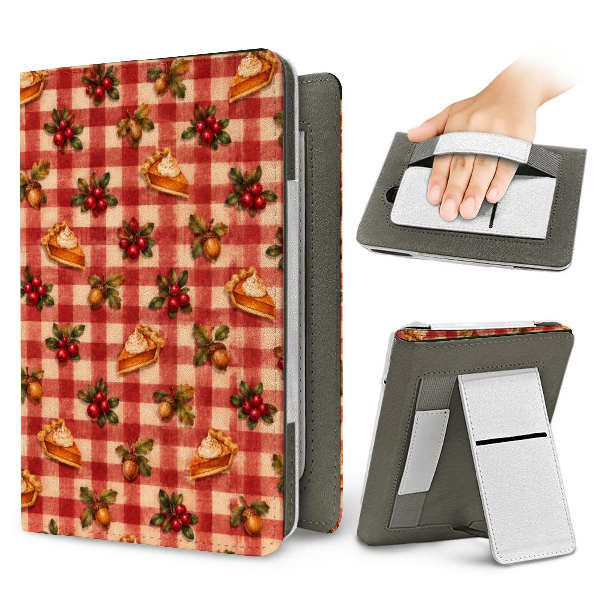 Cranberry Gingham Kindle case — elastic hand strap and fold-out stand on the back