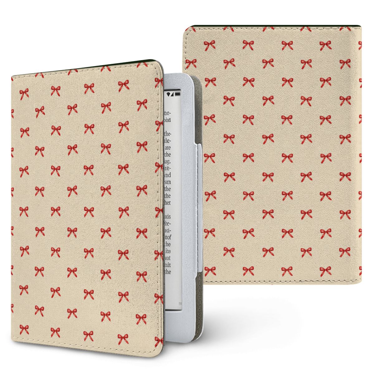 Tiny Red Bows Kindle case — tiny cherry-red bows scattered on soft cream, printed front and back