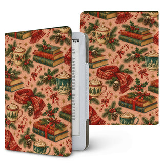 Cocoa & Books Kindle case — mugs of cocoa, stacked books and red knitted scarves on blush pink, printed front and back