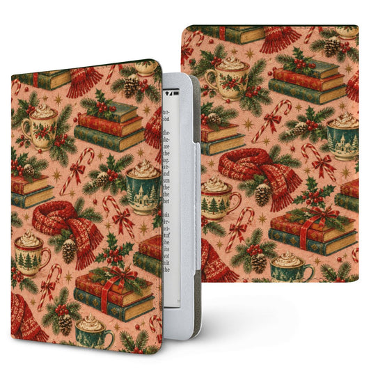 Cocoa & Books Kindle case — mugs of cocoa, stacked books and red knitted scarves on blush pink, printed front and back