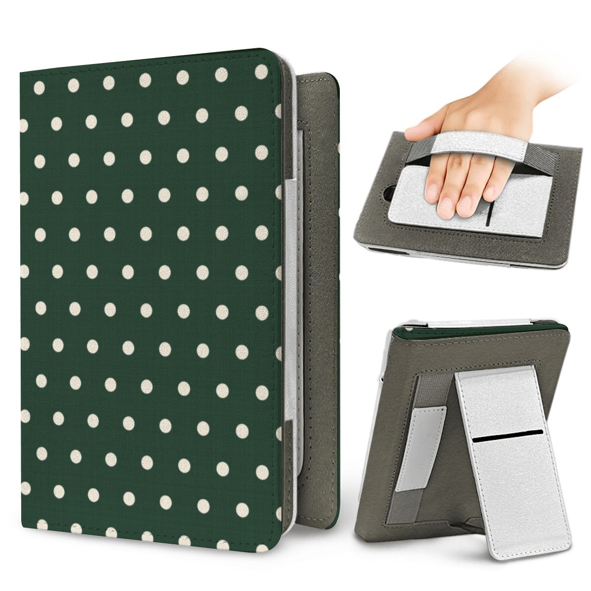 Forest Green Polka Dot Kindle case — elastic hand strap and fold-out stand on the back