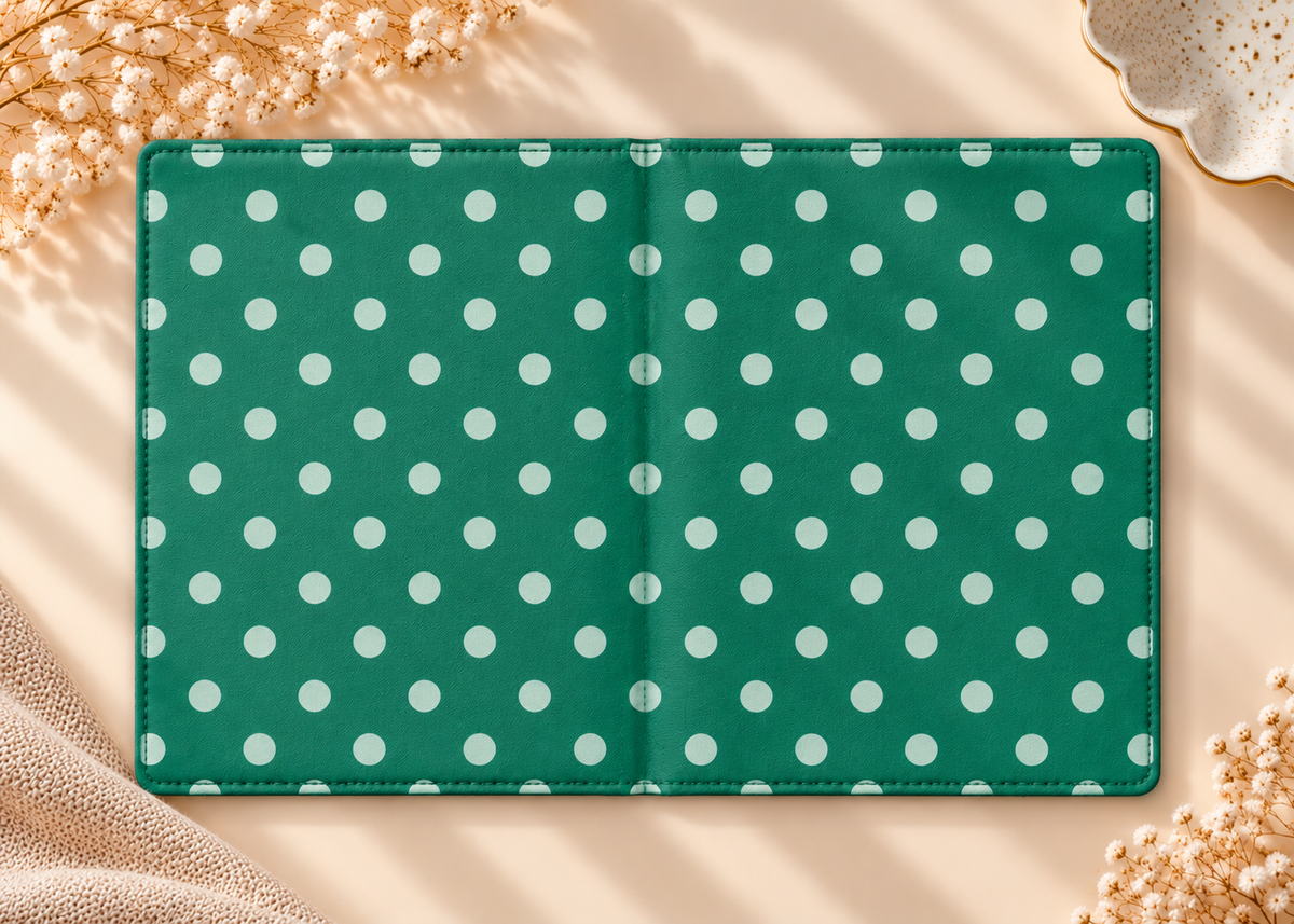 Emerald Polka Dot Kindle case opened flat, front and back — pale dots on emerald green
