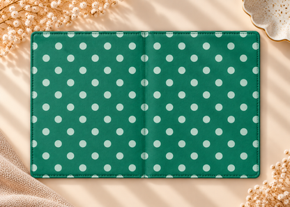Emerald Polka Dot Kindle case opened flat, front and back — pale dots on emerald green