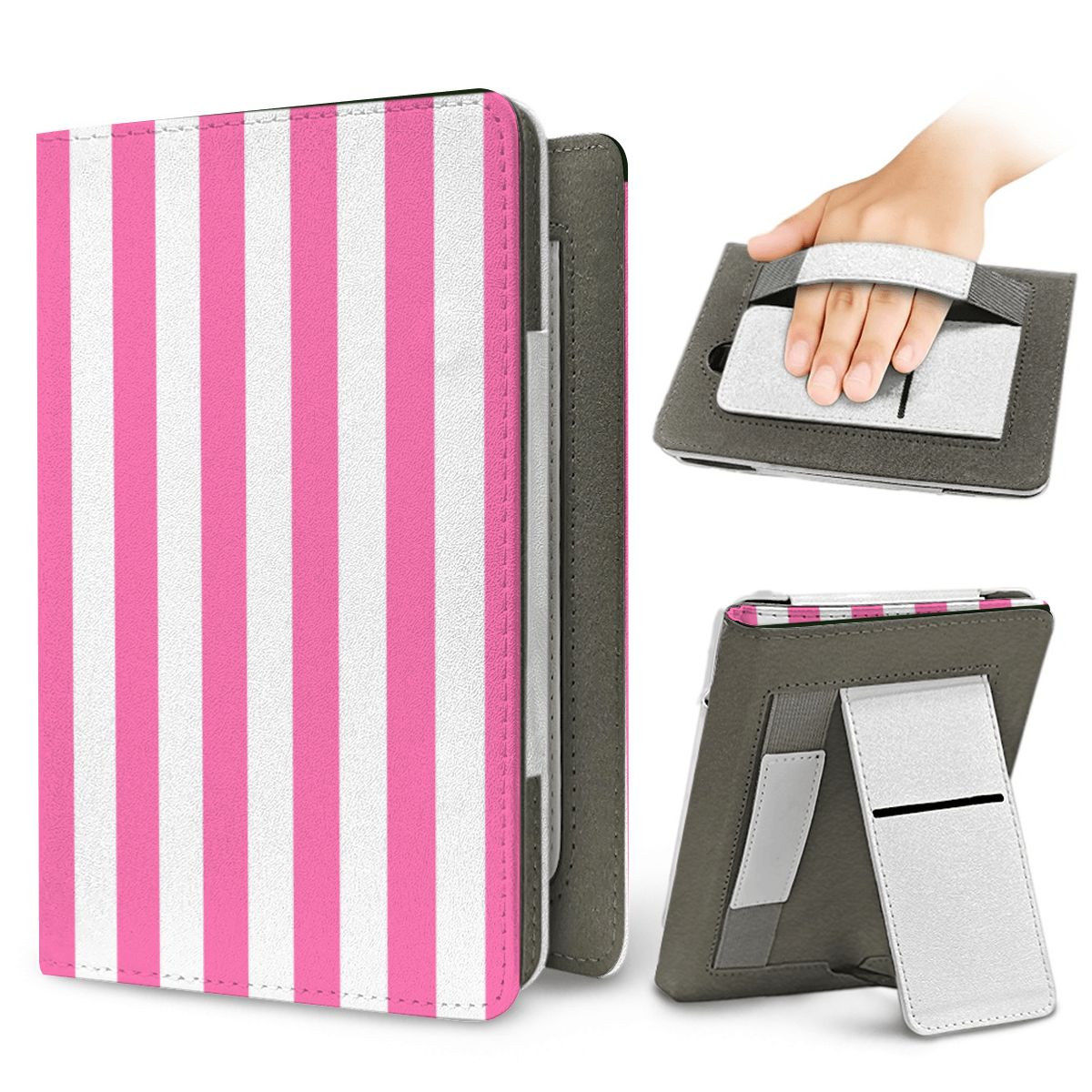 Pink Cabana Stripe Kindle case — elastic hand strap and fold-out stand on the back