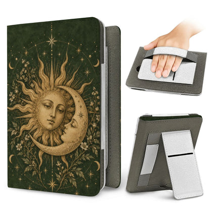 Sage Sun & Moon Kindle case — elastic hand strap and fold-out stand on the back