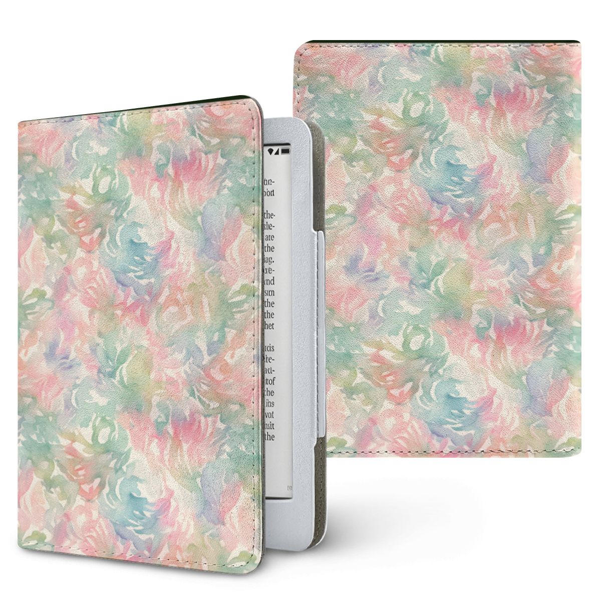 Watercolor Bloom Kindle case — pastel floral, printed front and back