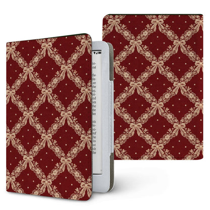Burgundy Lace Kindle case — blush lace trellis with ribbon bows on burgundy, printed front and back
