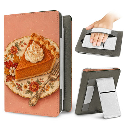 Pumpkin Pie Slice Kindle case — elastic hand strap and fold-out stand on the back