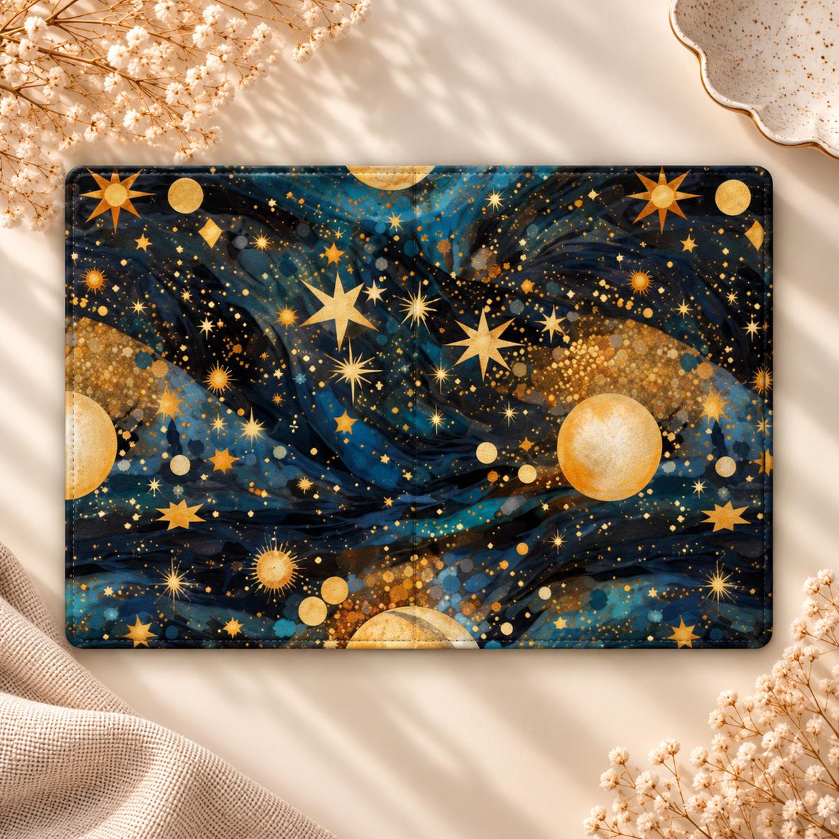 Gilded Cosmos Kindle case opened flat, front and back — gold stars, moons and planets on deep navy