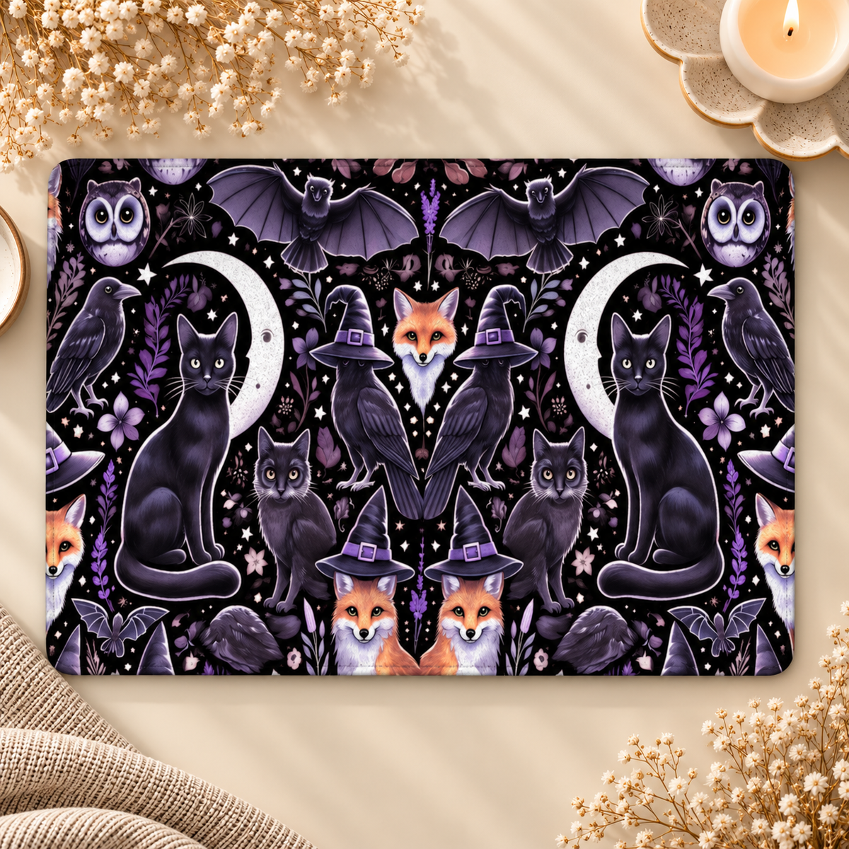 Witchy Woodland Kindle case opened flat — black cats, crescent moons, foxes in witch hats, owls and ravens