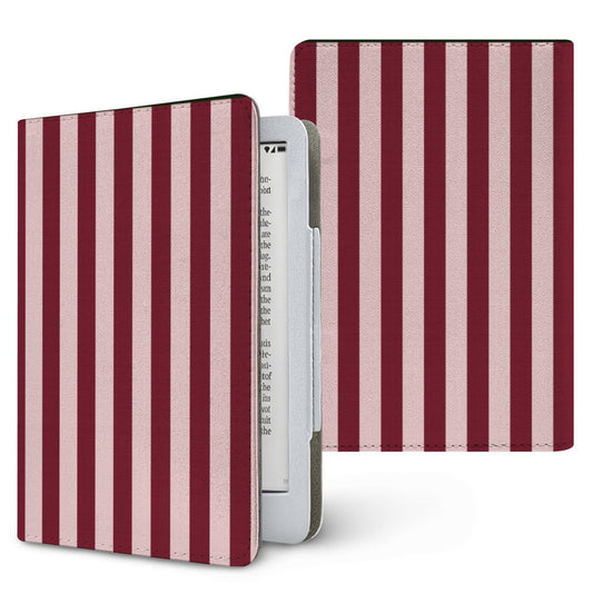 Burgundy Blush Stripe Kindle case — wide burgundy and blush pink stripes, printed front and back