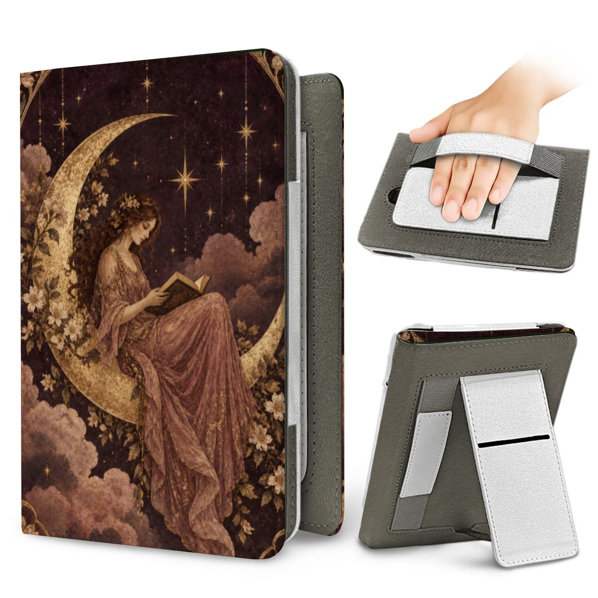 Reader Under the Stars Kindle case — elastic hand strap and fold-out stand on the back