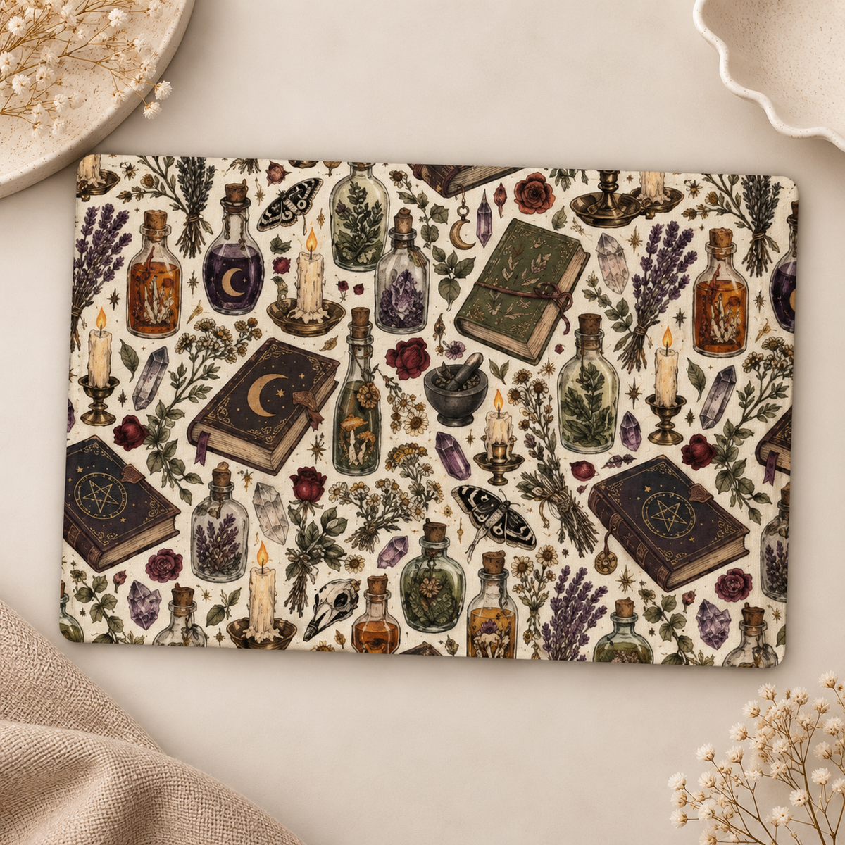 Herbalist's Apothecary Kindle case opened flat, front and back — spell books, herb jars and candles on cream