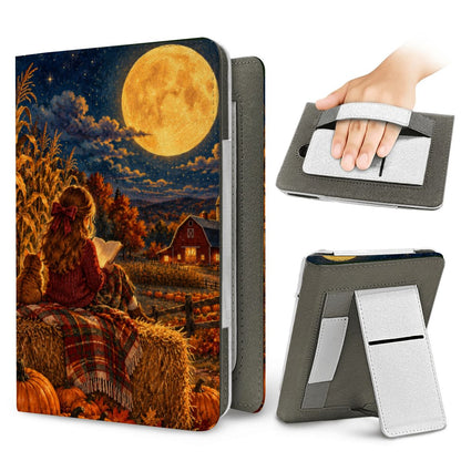 Harvest Moon Reader Kindle case — elastic hand strap and fold-out stand on the back