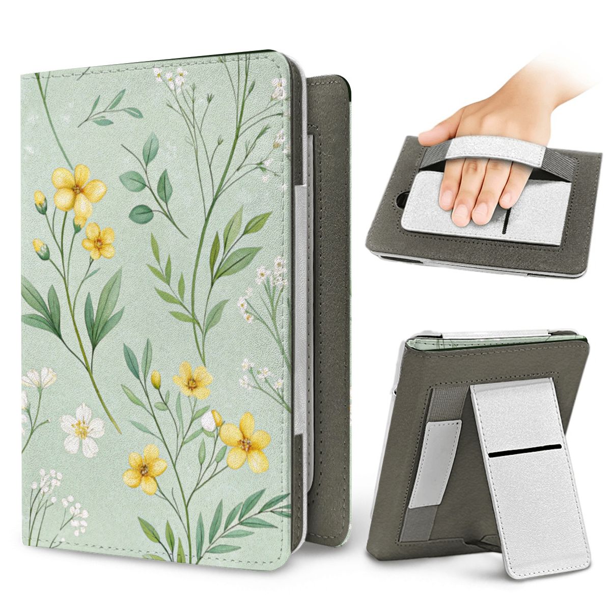 Buttercup Meadow Kindle case — elastic hand strap and fold-out stand on the back