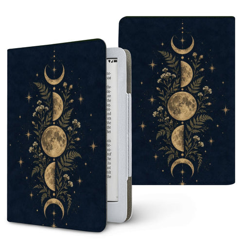 Midnight Moon Phases Kindle case — gold moon phases with ferns and stars on midnight navy, printed front and back