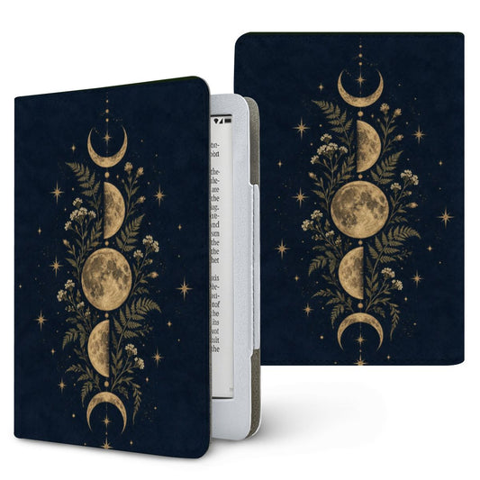 Midnight Moon Phases Kindle case — gold moon phases with ferns and stars on midnight navy, printed front and back