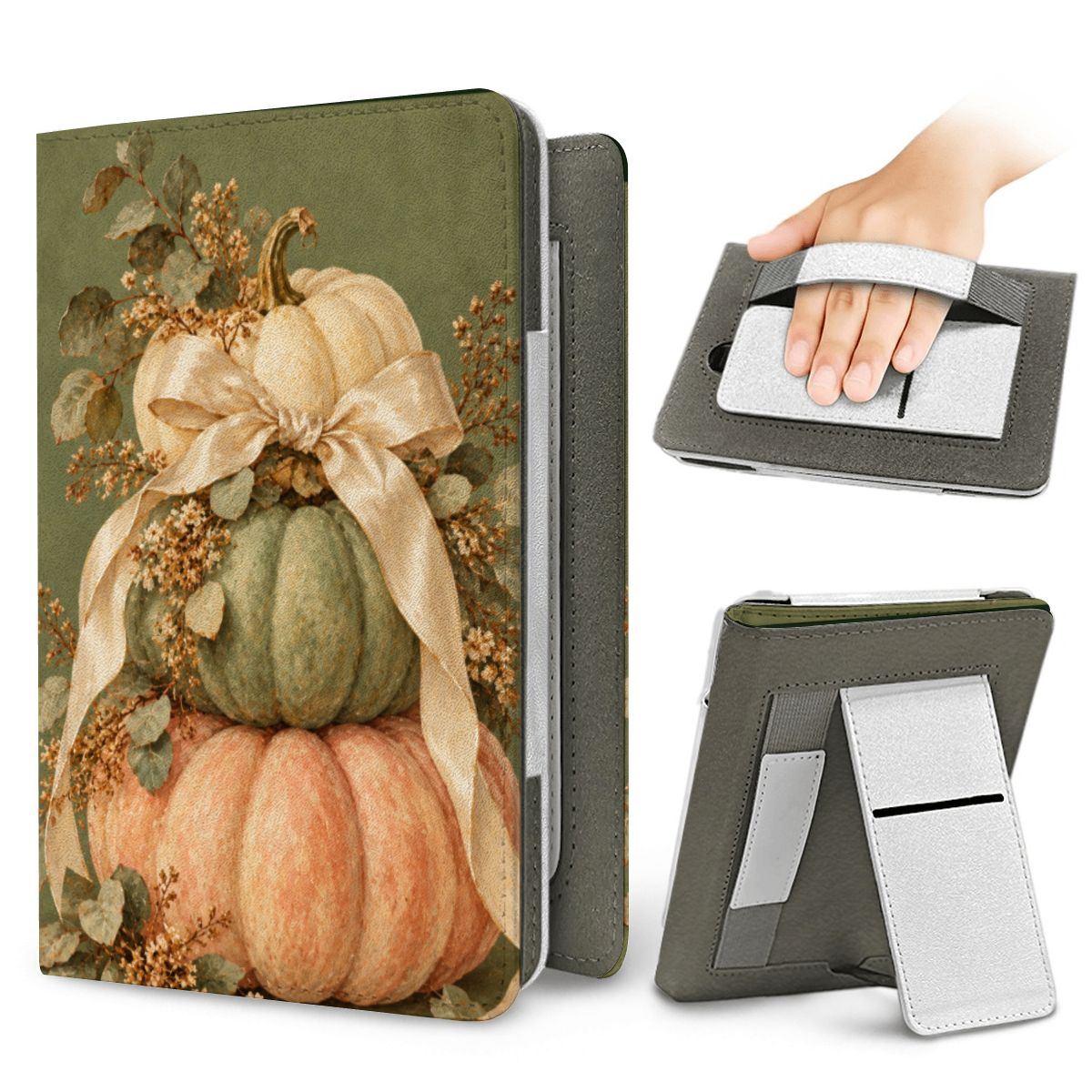 Sage Pumpkin Stack Kindle case — elastic hand strap and fold-out stand on the back