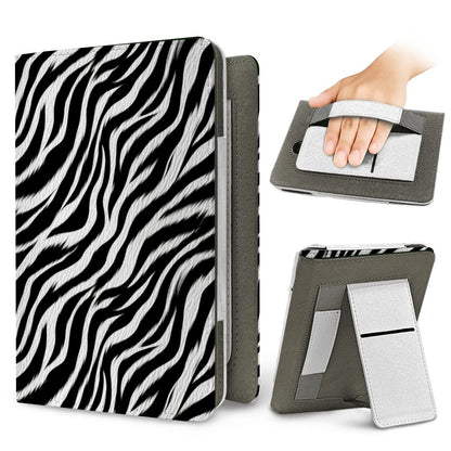 Zebra Kindle case — elastic hand strap and fold-out stand on the back