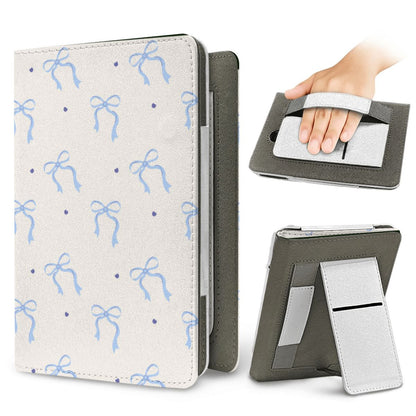 Blue Bow Kindle case — elastic hand strap and fold-out stand on the back