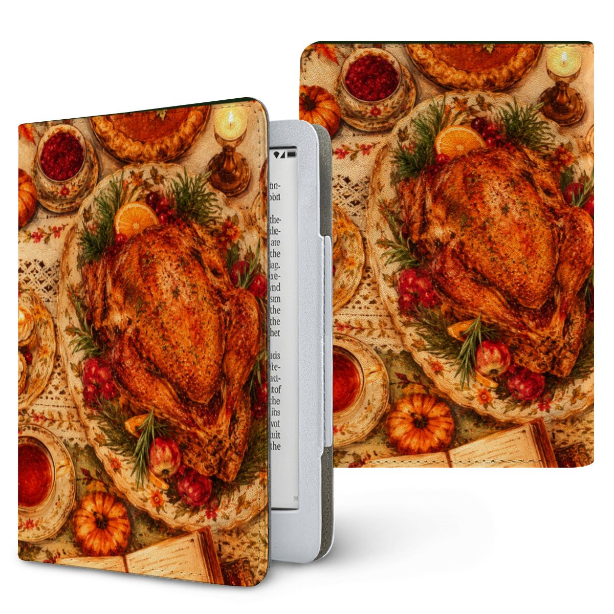 Thanksgiving Table Kindle case — top-down Thanksgiving feast with turkey, pie and candles, printed front and back