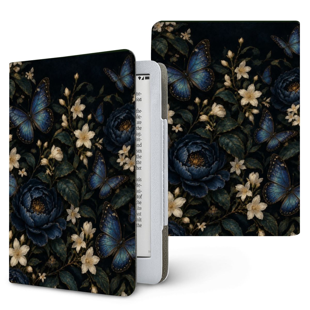 Blue Butterfly Night Garden Kindle case — blue butterflies and jasmine on a dark night garden, printed front and back