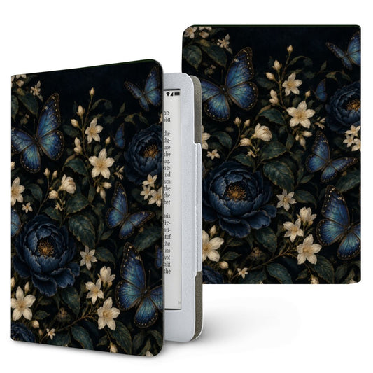 Blue Butterfly Night Garden Kindle case — blue butterflies and jasmine on a dark night garden, printed front and back