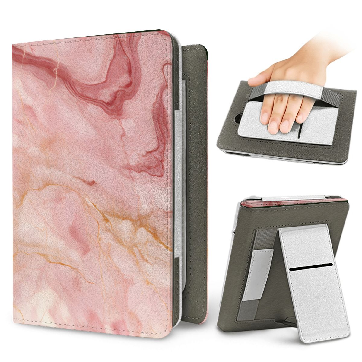 Rose Marble Kindle case — elastic hand strap and fold-out stand on the back
