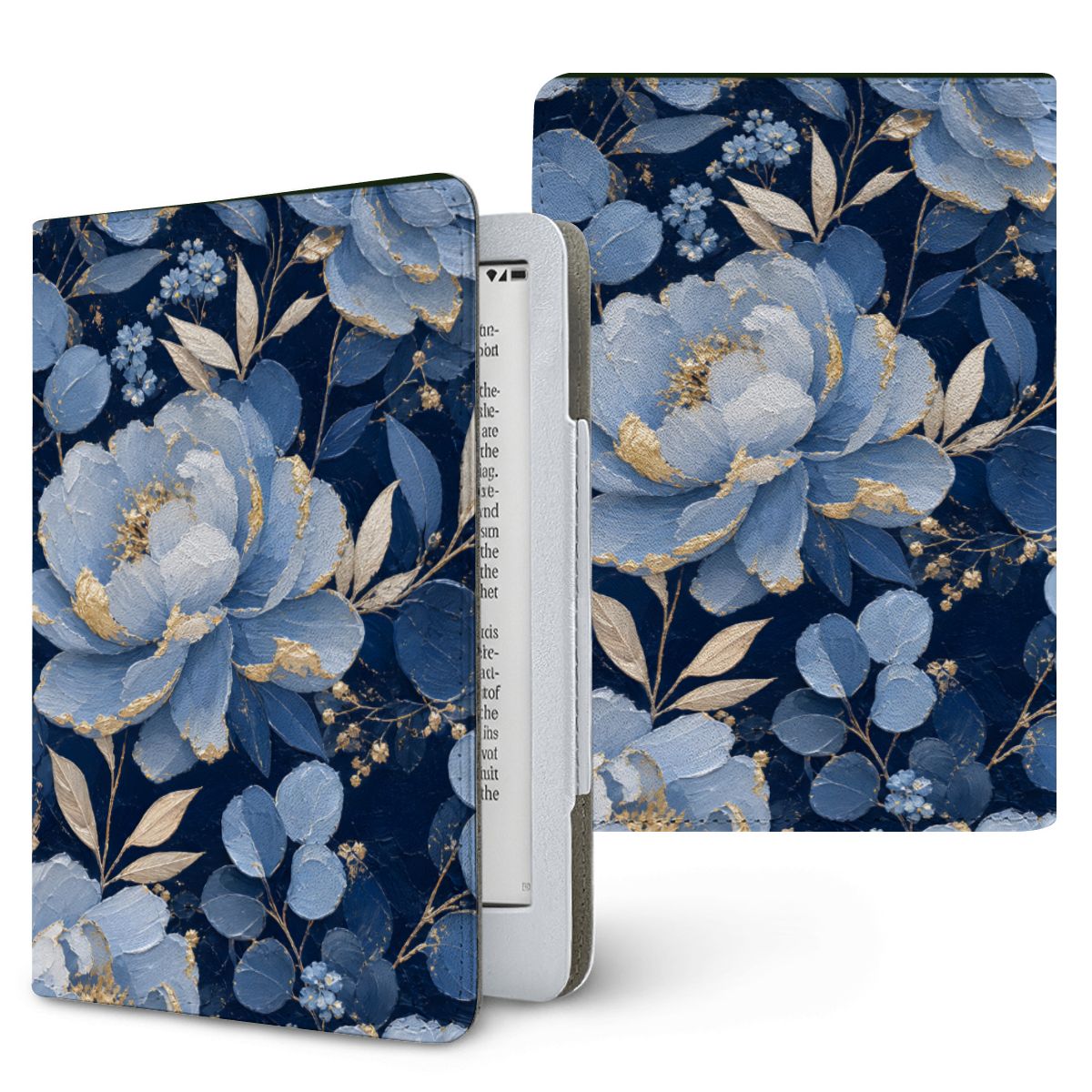 Midnight Blue Peony Kindle case — navy & gold floral, printed front and back