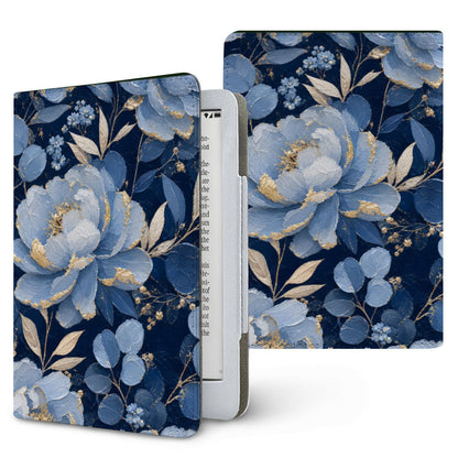 Midnight Blue Peony Kindle case — navy & gold floral, printed front and back