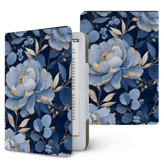 Midnight Blue Peony Kindle case — navy & gold floral, printed front and back