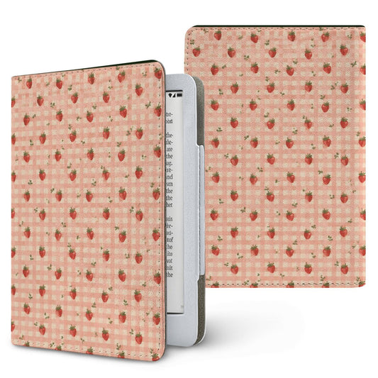 Strawberry Gingham Kindle case — little red strawberries on peach gingham, printed front and back