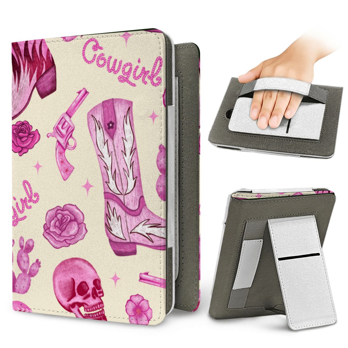 Pink Cowgirl Kindle case — elastic hand strap and fold-out stand on the back