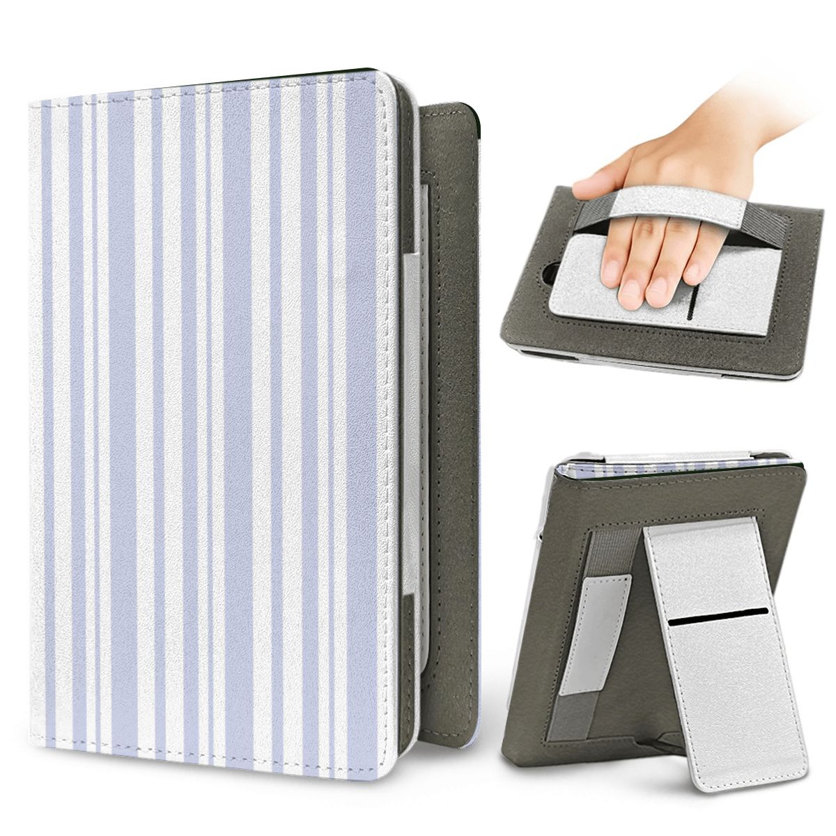 Periwinkle Ticking Stripe Kindle case — elastic hand strap and fold-out stand on the back