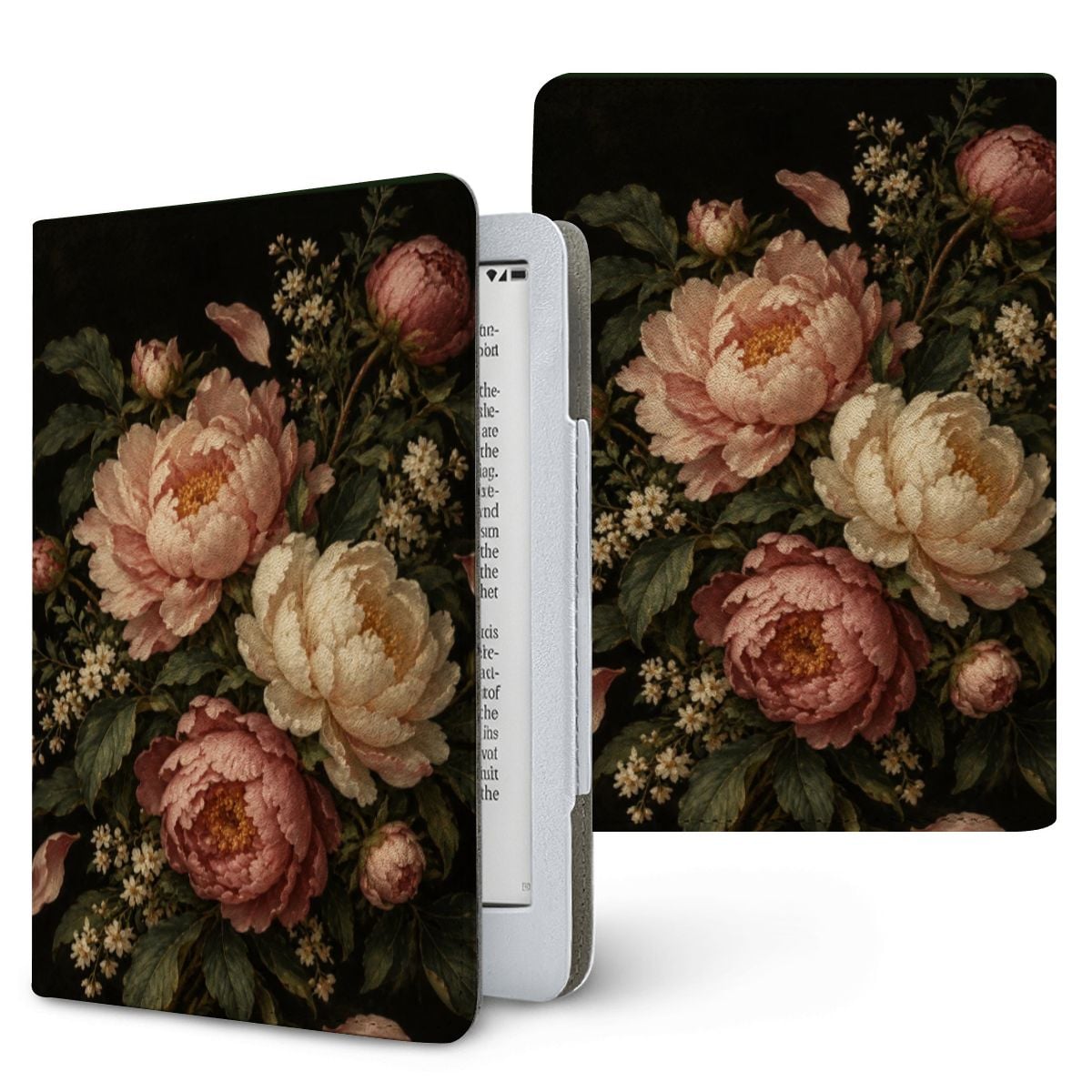 Blush Peony Nocturne Kindle case — blush and cream peonies on near-black, printed front and back