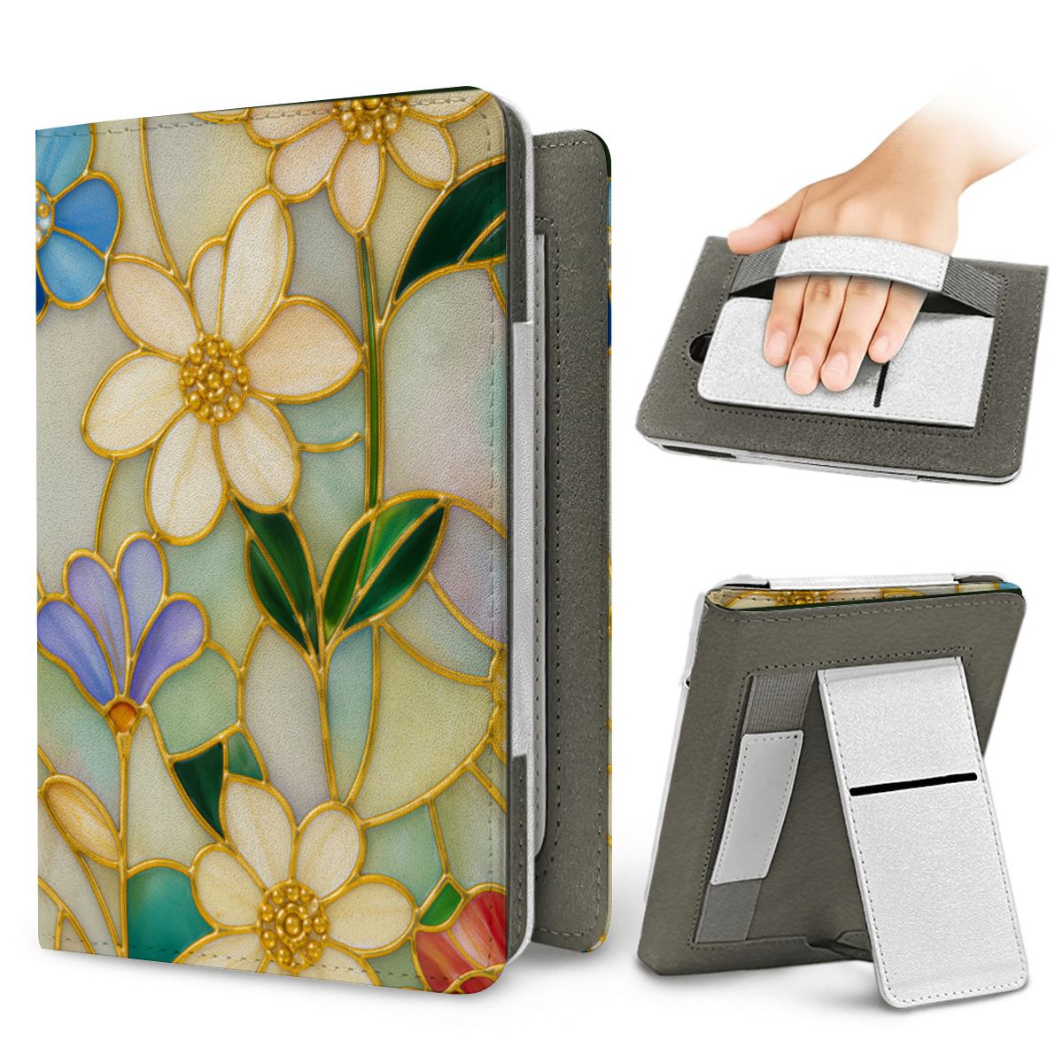 Stained Glass Floral Kindle case — elastic hand strap and fold-out stand on the back