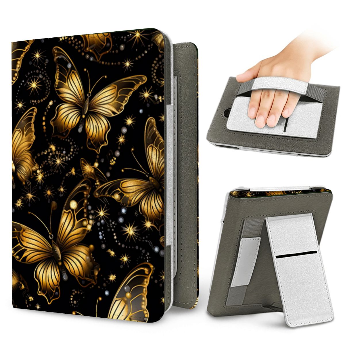 Starlit Gold Butterfly Kindle case — elastic hand strap and fold-out stand on the back