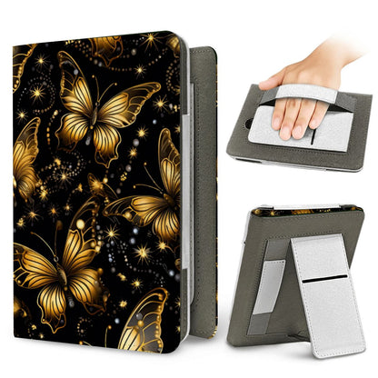 Starlit Gold Butterfly Kindle case — elastic hand strap and fold-out stand on the back