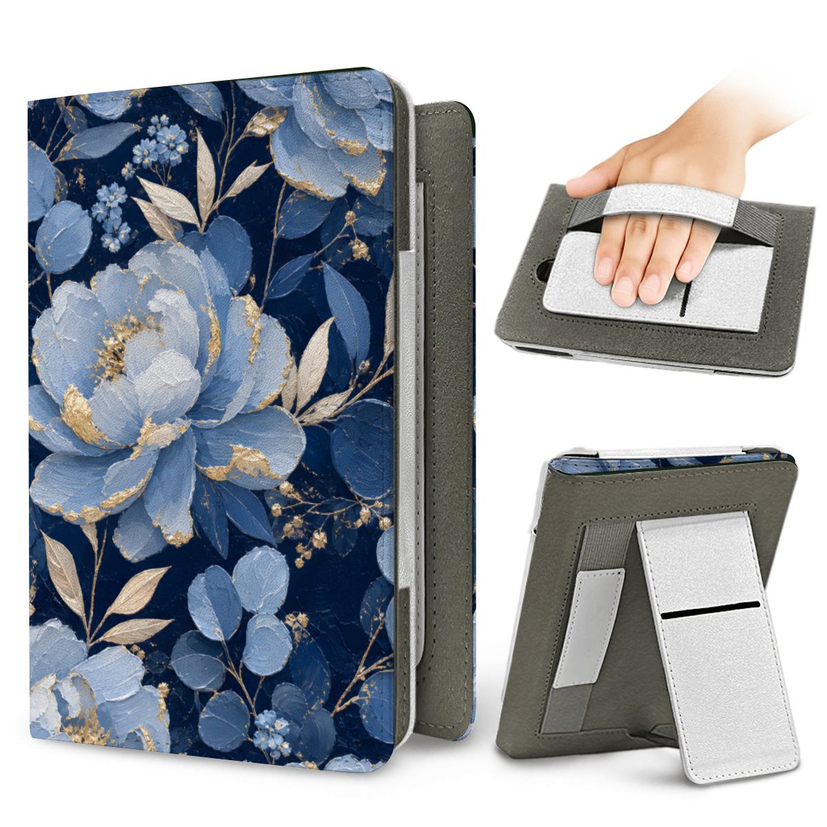 Midnight Blue Peony Kindle case — elastic hand strap and fold-out stand on the back