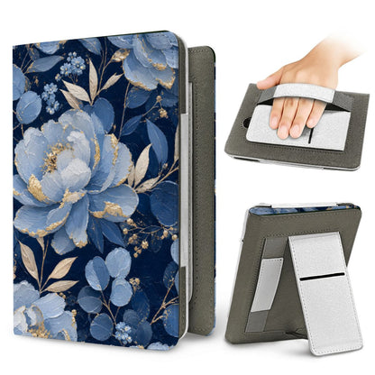 Midnight Blue Peony Kindle case — elastic hand strap and fold-out stand on the back