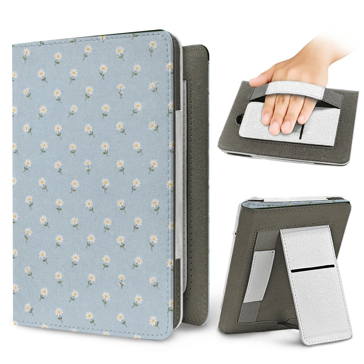 Ditsy Daisy Blue Kindle case — elastic hand strap and fold-out stand on the back