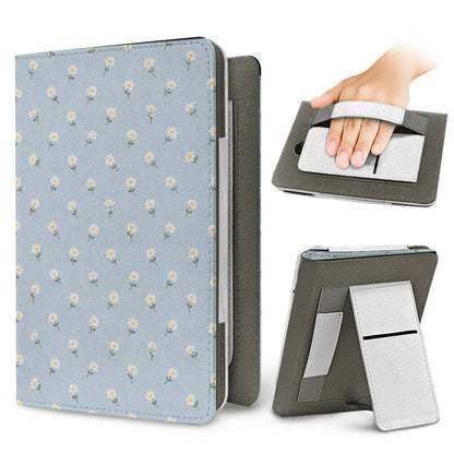 Ditsy Daisy Blue Kindle case — elastic hand strap and fold-out stand on the back