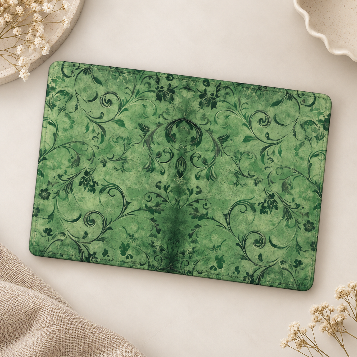Moss Damask Kindle case opened flat, front and back — tonal moss green scrolling damask